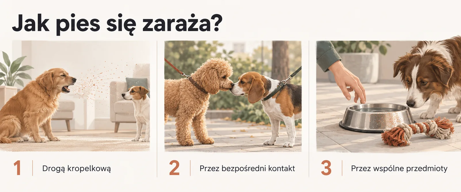 Ilustracja: drogi zakażenia kaszlem kenelowym — kropelki w powietrzu, kontakt nos w nos, wspólna miska i zabawki