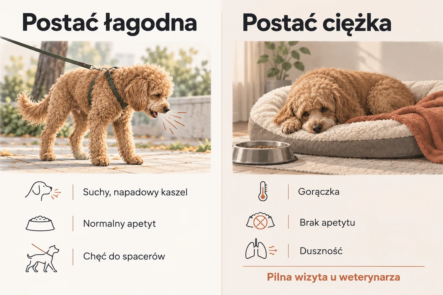 Ilustracja: pies z napadem suchego kaszlu, obok zestawienie objawów łagodnych i niepokojących