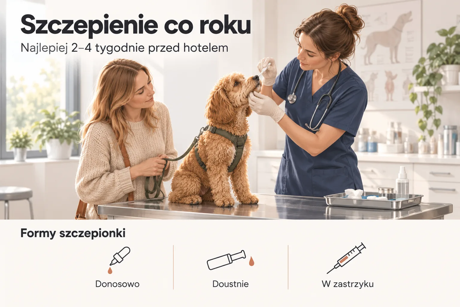 Ilustracja: trzy formy szczepionki na kaszel kenelowy — donosowa, doustna i w zastrzyku