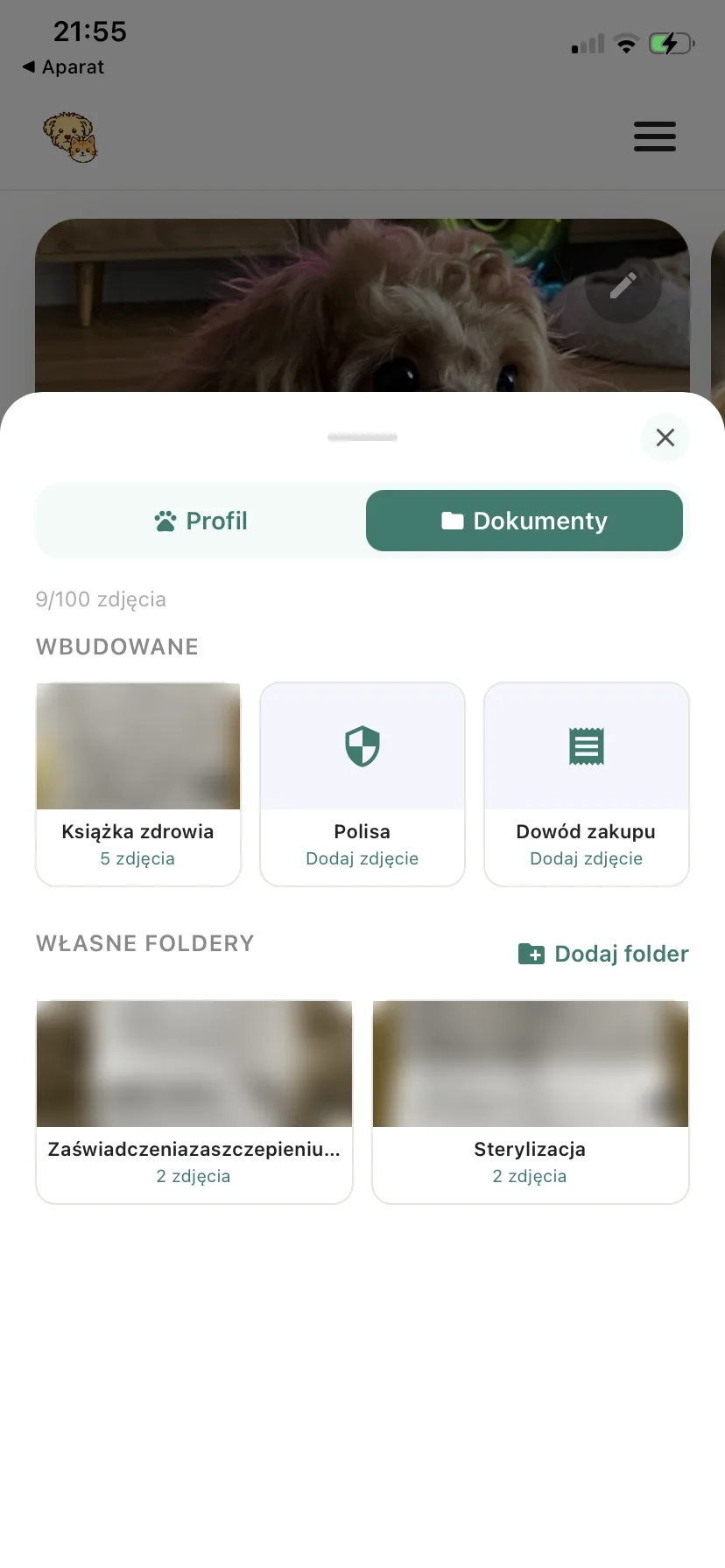 Zakładka Dokumenty w Bondly z folderami Książka zdrowia, Polisa, Dowód zakupu i własnymi folderami