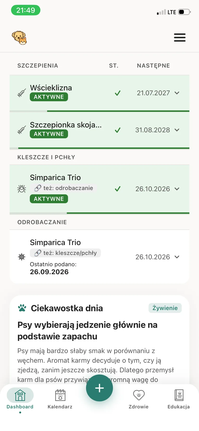 Dashboard Bondly: Simparica Trio widoczna jednocześnie w sekcji Kleszcze i pchły oraz Odrobaczanie
