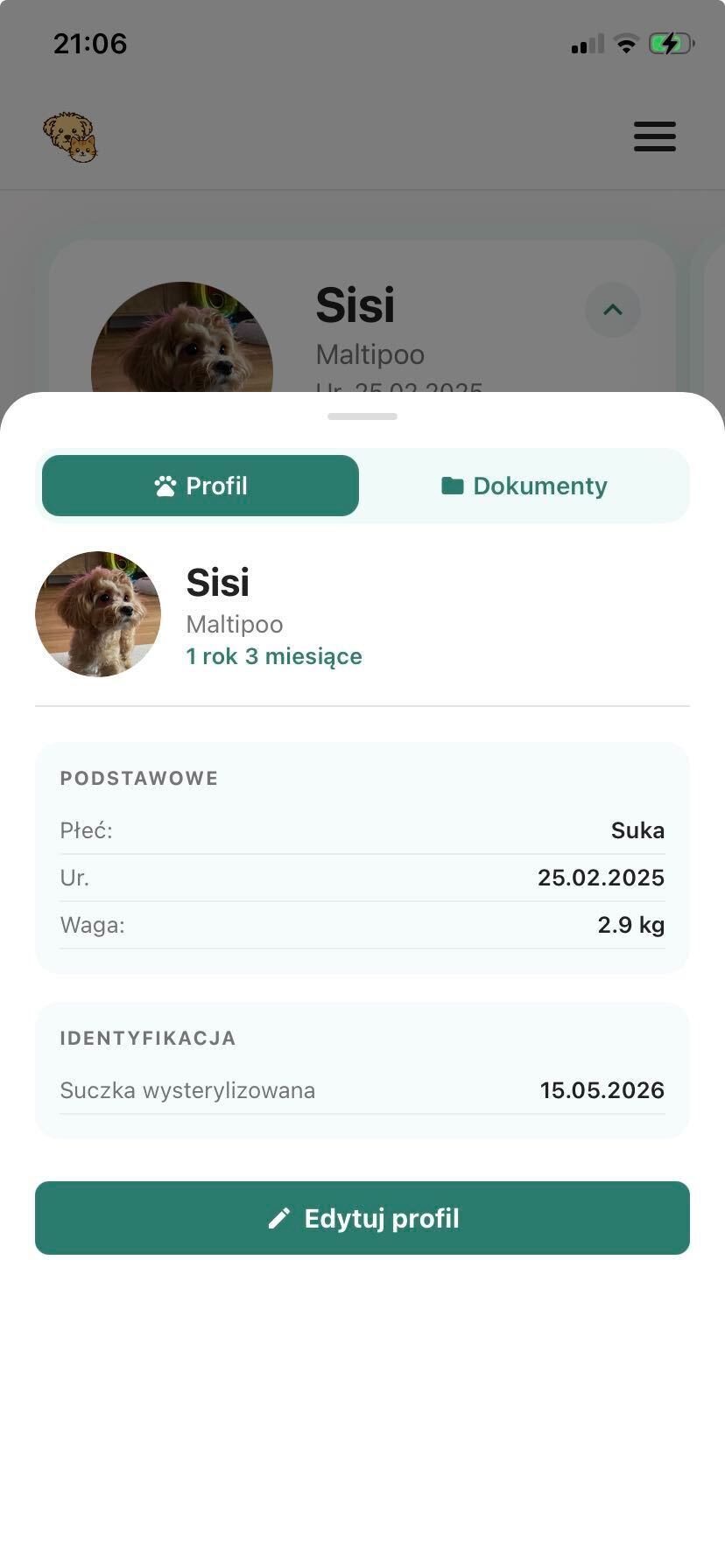 Pet profile with documents and data