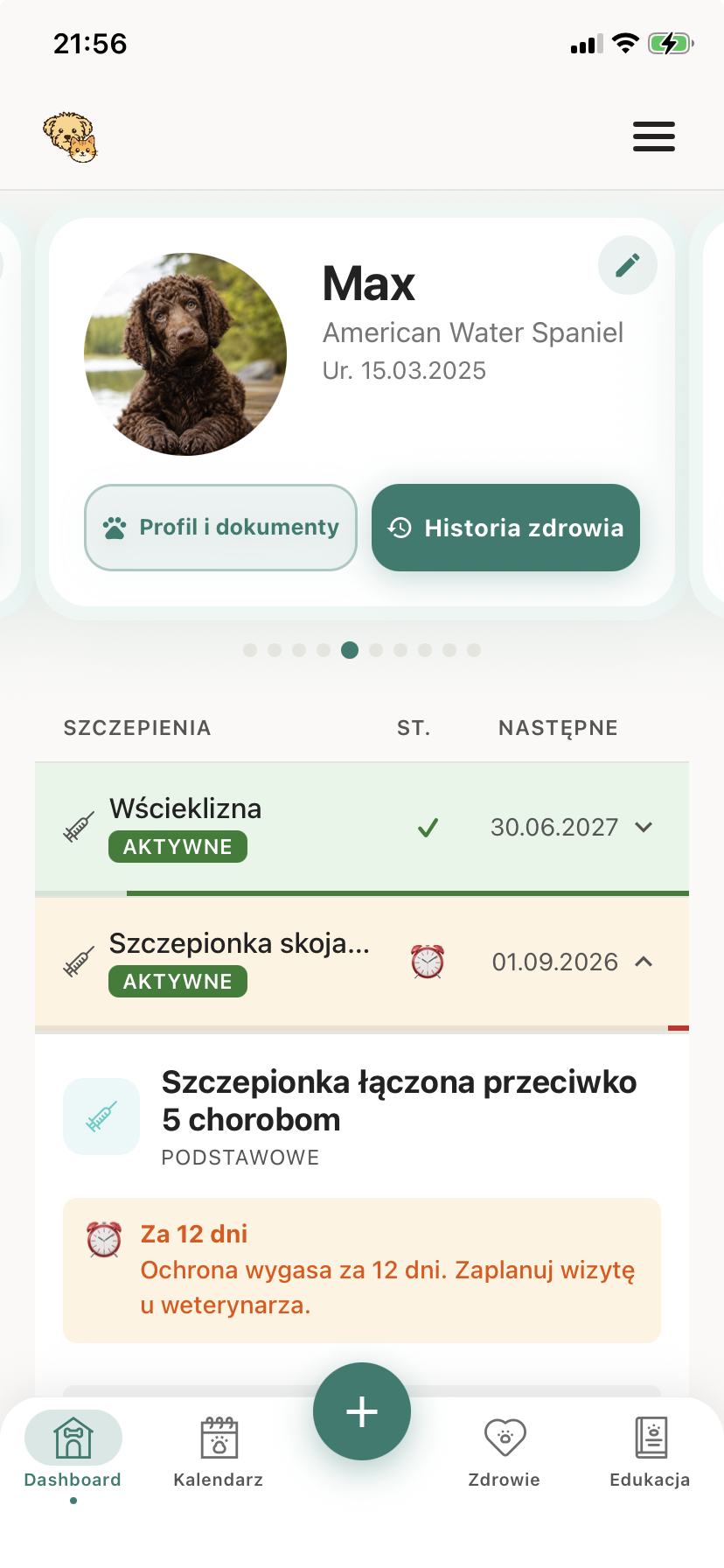 Stan szczepień psa lub kota na dashboardzie w aplikacji Bondly