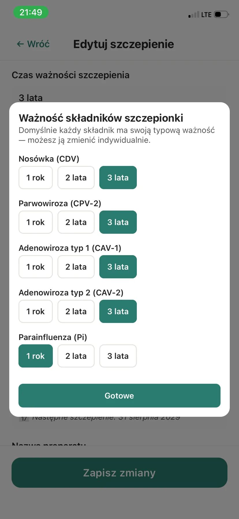 Ustawianie ważności składników szczepionki skojarzonej w Bondly: nosówka, parwowiroza i adenowiroza 3 lata, parainfluenza 1 rok