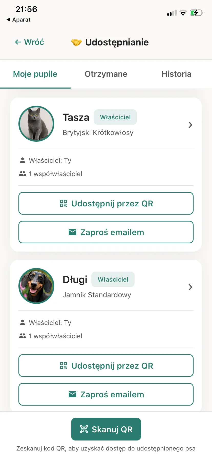 Ekran Udostępnianie w Bondly: profile kota i psa z przyciskami Udostępnij przez QR i Zaproś emailem